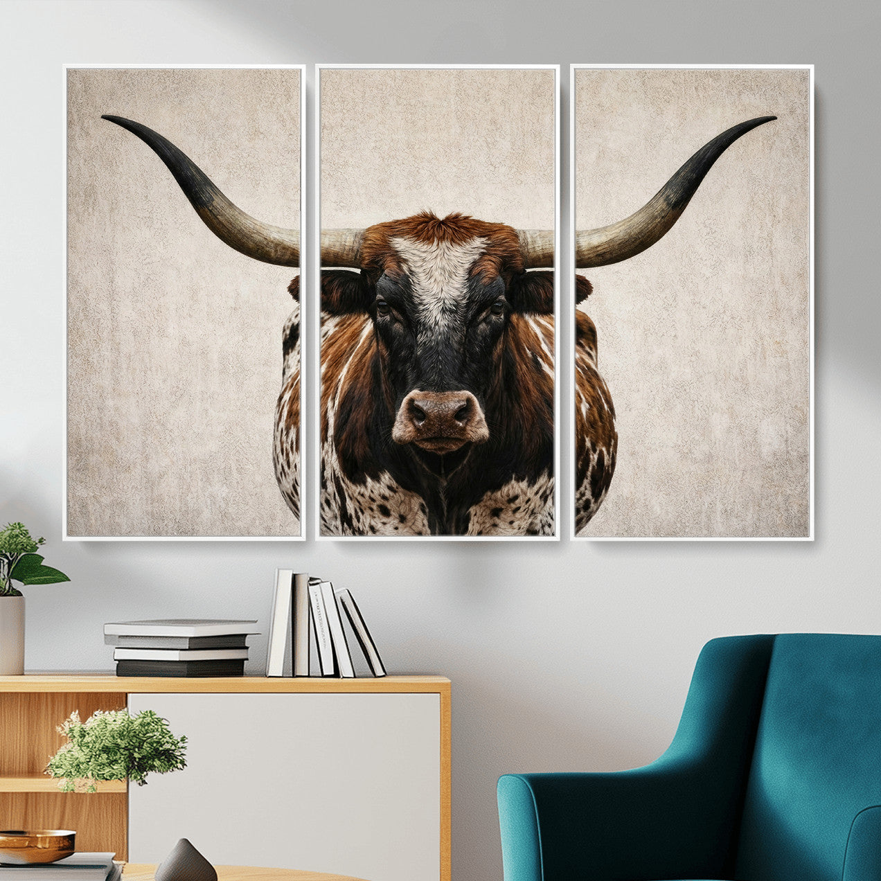 58622065-MGV-CV-36X24 - Texas Longhorn Canvas Wall Art Western Bull Desert Moody Grey Overcast Rustic Farmhouse Framed Large for Living Room Bedroom Office Decor