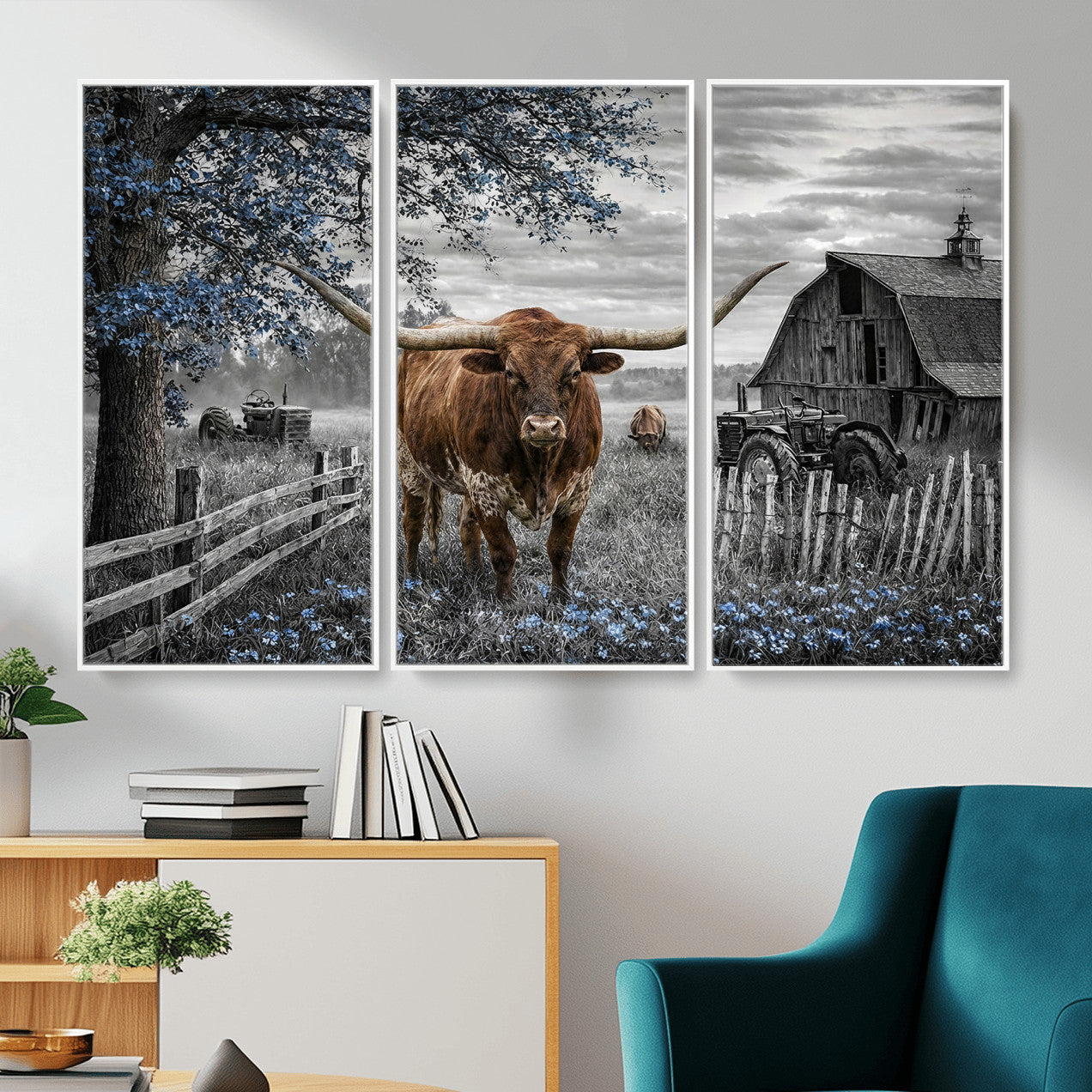 19366343-MGV-CV-36X24 - Texas Longhorn Canvas Wall Art, Rustic Farm Barn Bluebonnet Photography Print, Farmhouse Country Decor, Western Ranch Art, Old Truck Tractor Print