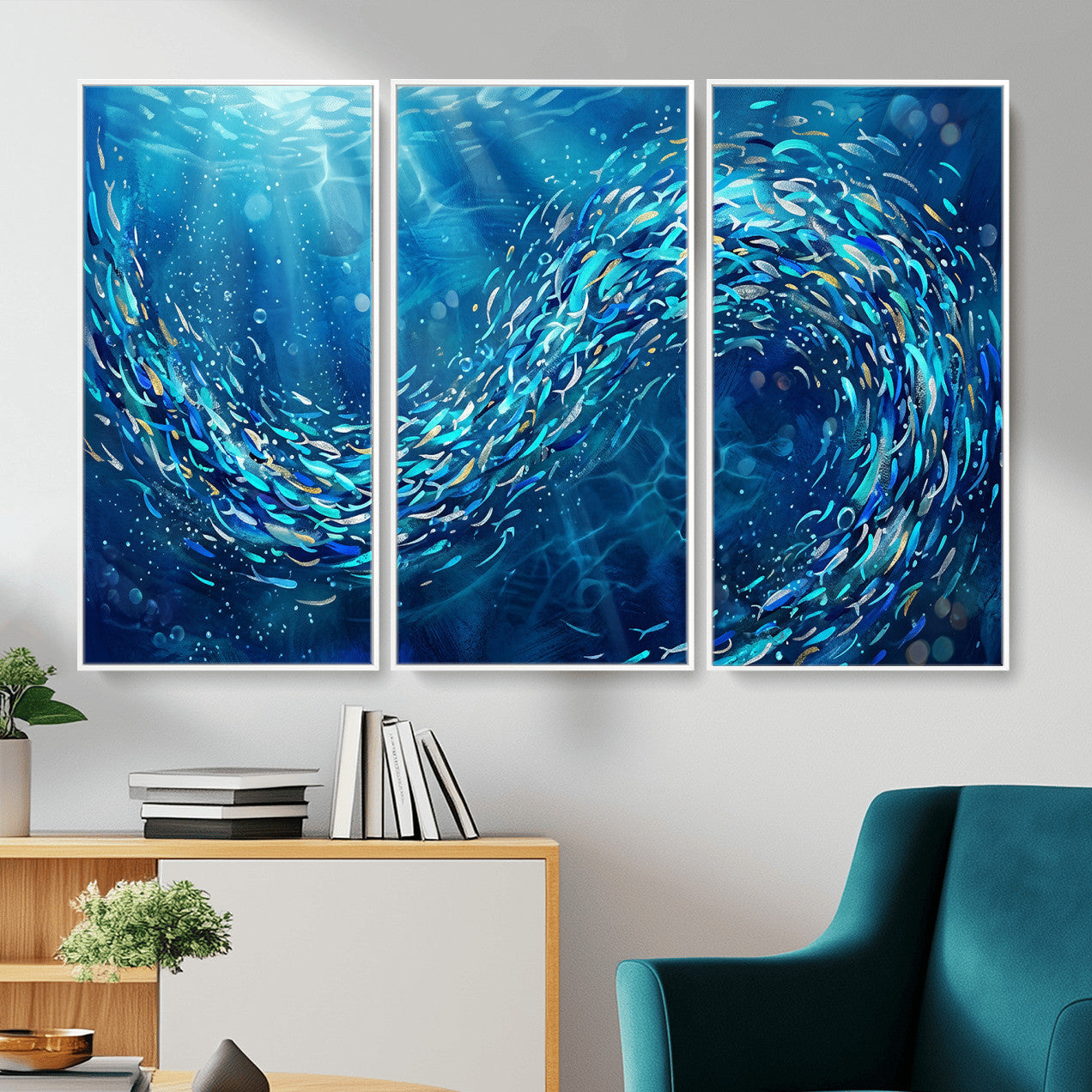 54535639-MGV-CV-36X24 - School of Fish Canvas Print | Blue Ocean Underwater Wall Art | Swirling Fish Shoal Illustration | Marine Navy Coastal Decor