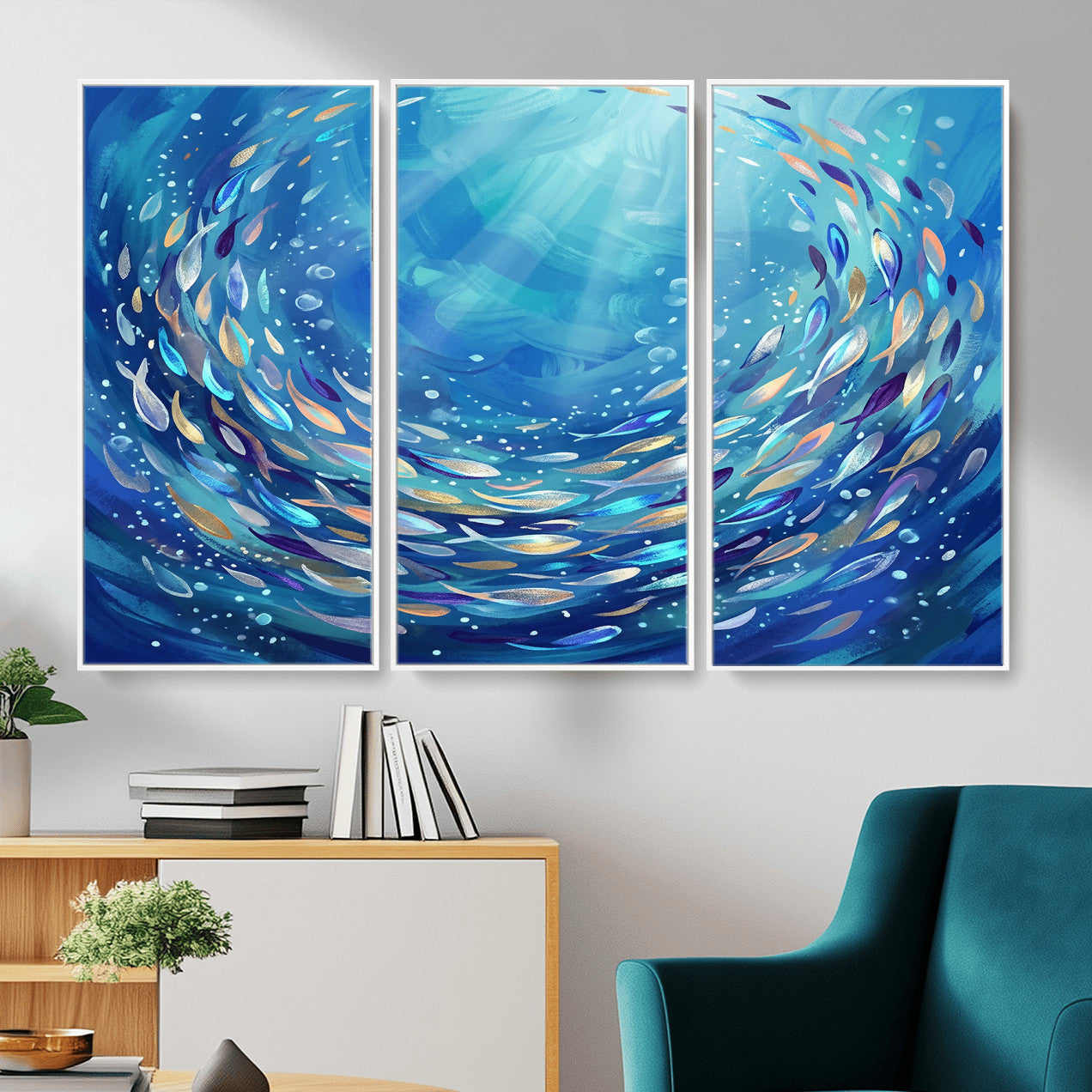 78699899-MGV-CV-36X24 - School of Fish Canvas Print | Blue Ocean Underwater Wall Art | Swirling Fish Shoal Illustration | Marine Navy Coastal Decor