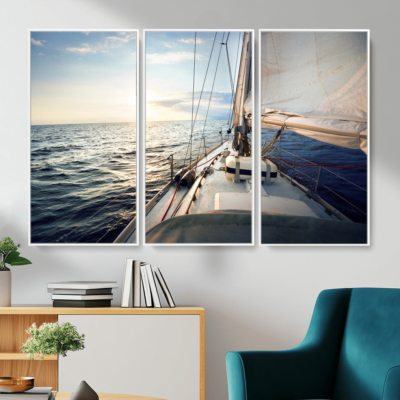 76381335-MGV-CV-36X24 - Sailboat Wall Art Canvas Print, Ocean Sunset Sailing Framed Artwork, Coastal Nautical Seascape Decor for Living Room Office Beach House