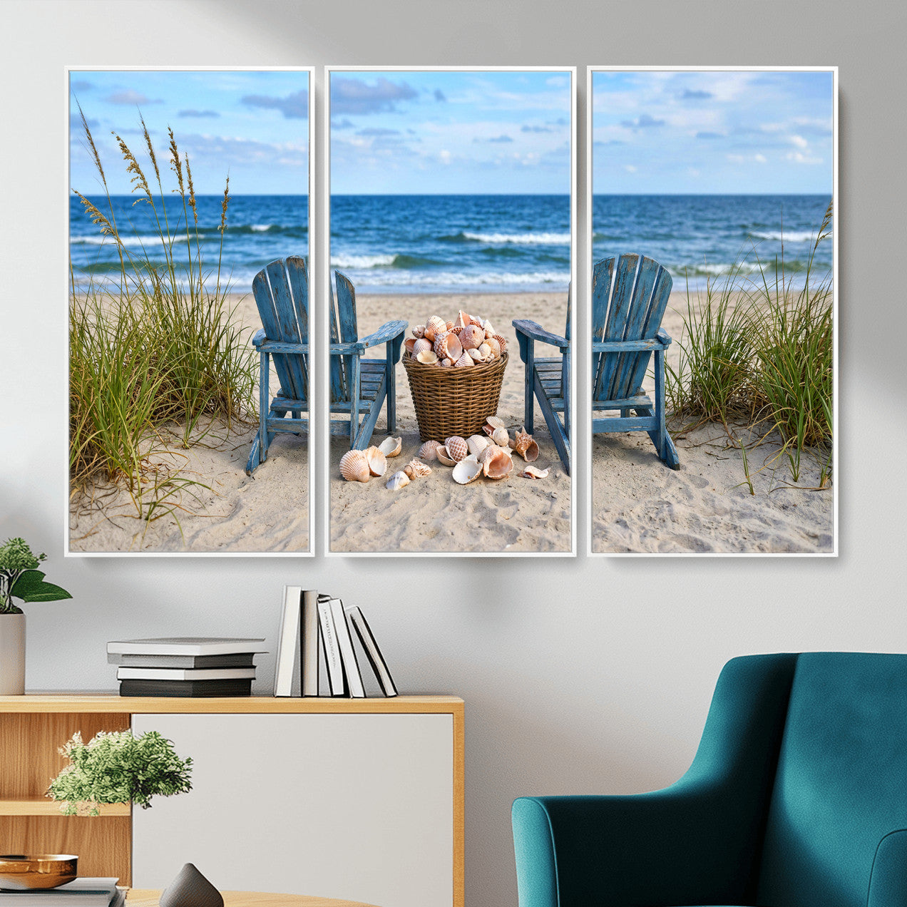 80268829-MGV-CV-36X24 - Large Beach Canvas Wall Art Coastal Adirondack Chairs Ocean Seashells Blue Nautical Framed Large for Living Room Bedroom Bathroom Decor