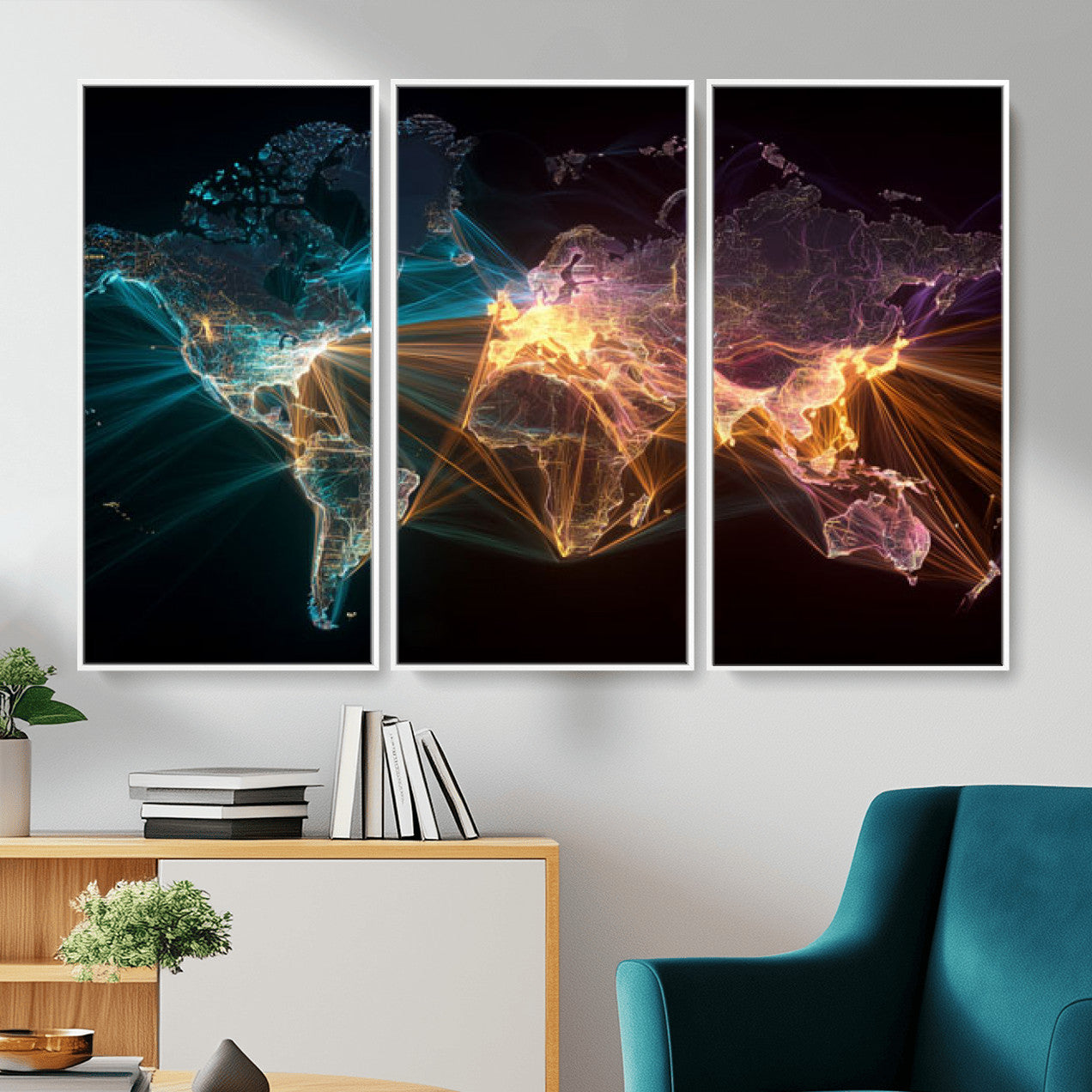 14891737-MGV-CV-36X24 - World Map and Global Flight Routes Map Canvas Wall Art, Worldwide Aviation Network Print, International Air Travel Wall Decor