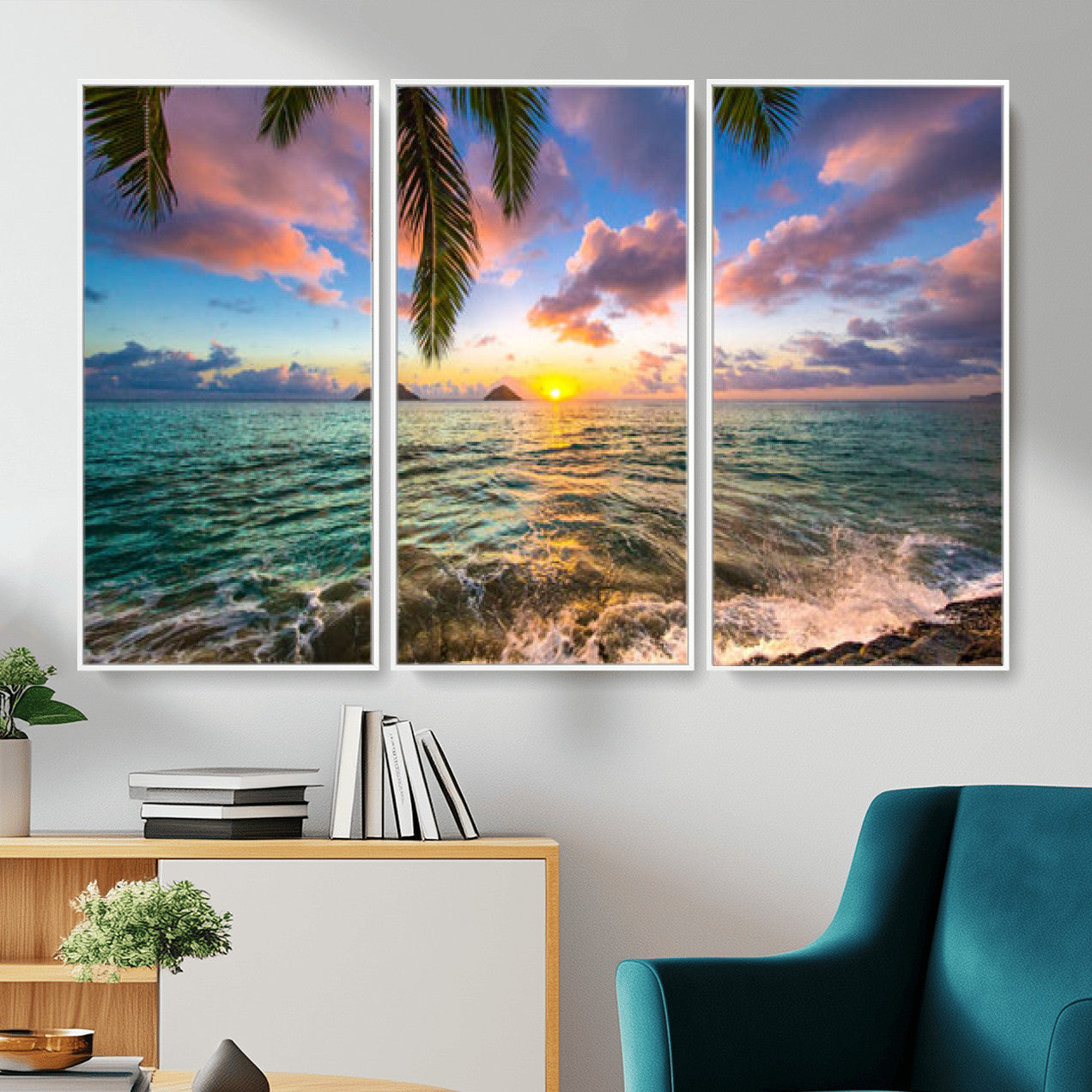 13207742-MGV-CV-36X24 - Hawaii Beach Sunset Canvas Wall Art Print, Tropical Ocean Landscape Artwork, Palm Tree Coastal Decor for Living Room Bedroom