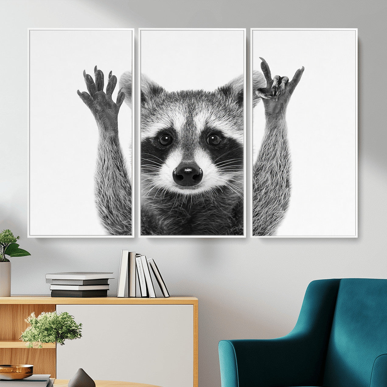 82392228-MGV-CV-36X24 - Funny Raccoon Canvas Wall Art, Black White Hands Up Animal Photo Print, Humorous Wildlife Decor, Kids Room Nursery Art, Quirky Animal Gift