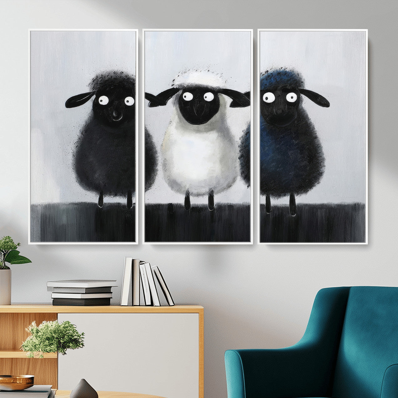 45650028-MGV-CV-36X24 - Funny Sheep Canvas Wall Art, Three Quirky Sheep Painting Print, Cute Animal Nursery Decor, Black White Navy Farmhouse Art, Kids Room Gift