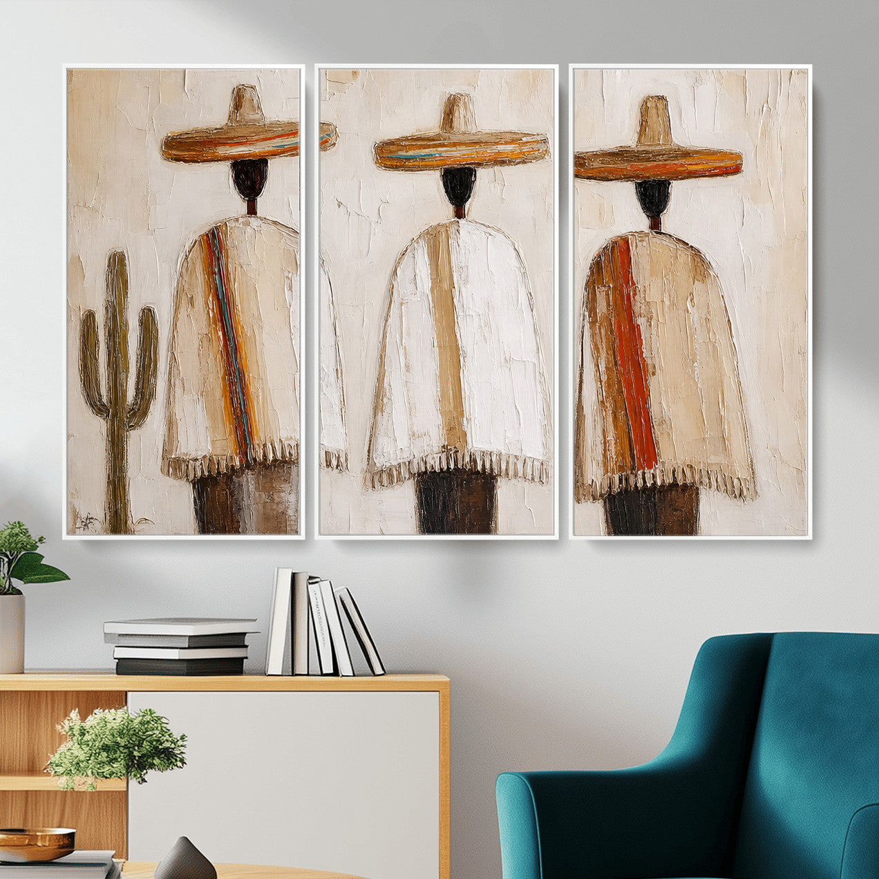 72884785-MGV-CV-36X24 - Mexican Folk Art Canvas Wall Art, Southwestern Sombrero Poncho Painting, Neutral Earthy Boho Decor, Fiesta Living Room Art, Impasto Style Print