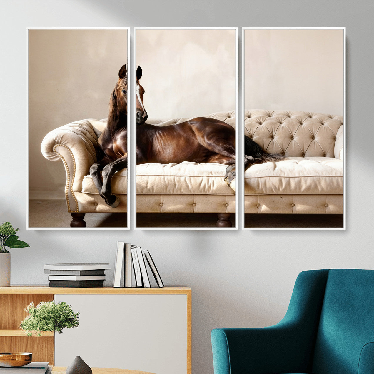 17716841-MGV-CV-36X24 - Funny Horse on Sofa Canvas Wall Art, Quirky Horse Lounging Photo Print, Whimsical Animal Decor, Living Room Conversation Art, Horse Lover Gift