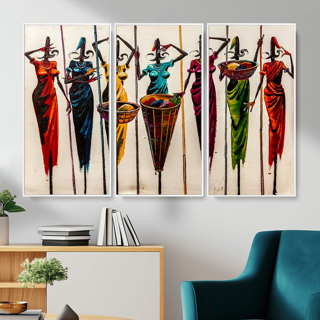 53545627-MGV-CV-36X24 - African Folk Art Canvas Wall Art, Colorful African Women Village Painting Print, Tribal Ethnic Home Decor, Vibrant African Art, Living Room