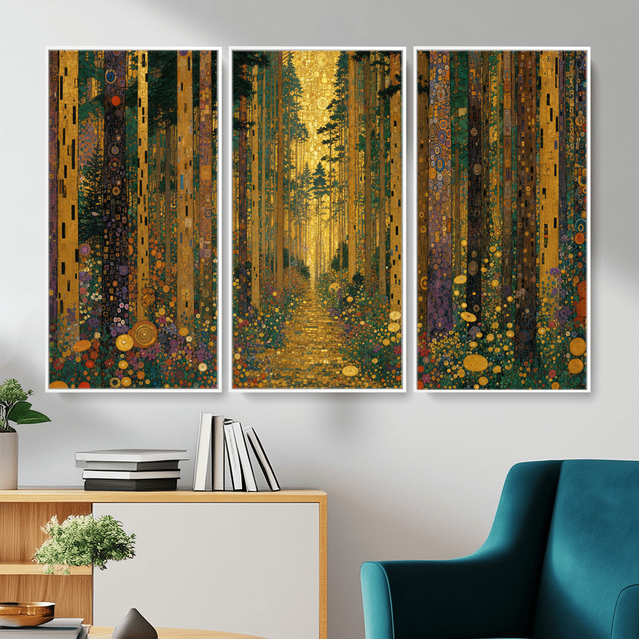 79483321G-MGV-CV-48X32-3P - Gustav Klimt Style Forest Canvas Wall Art, Golden Forest Path Floral Art Nouveau Print, Enchanted Woodland Decor