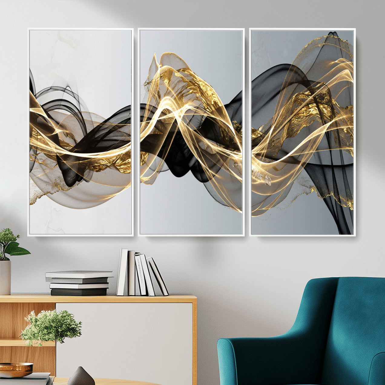 79483321DL-MGV-CV-36X24 - Black and Gold Abstract Wall Art, Modern Wave Canvas Print, Elegant Flowing Smoke Art, Luxury Living Room Decor