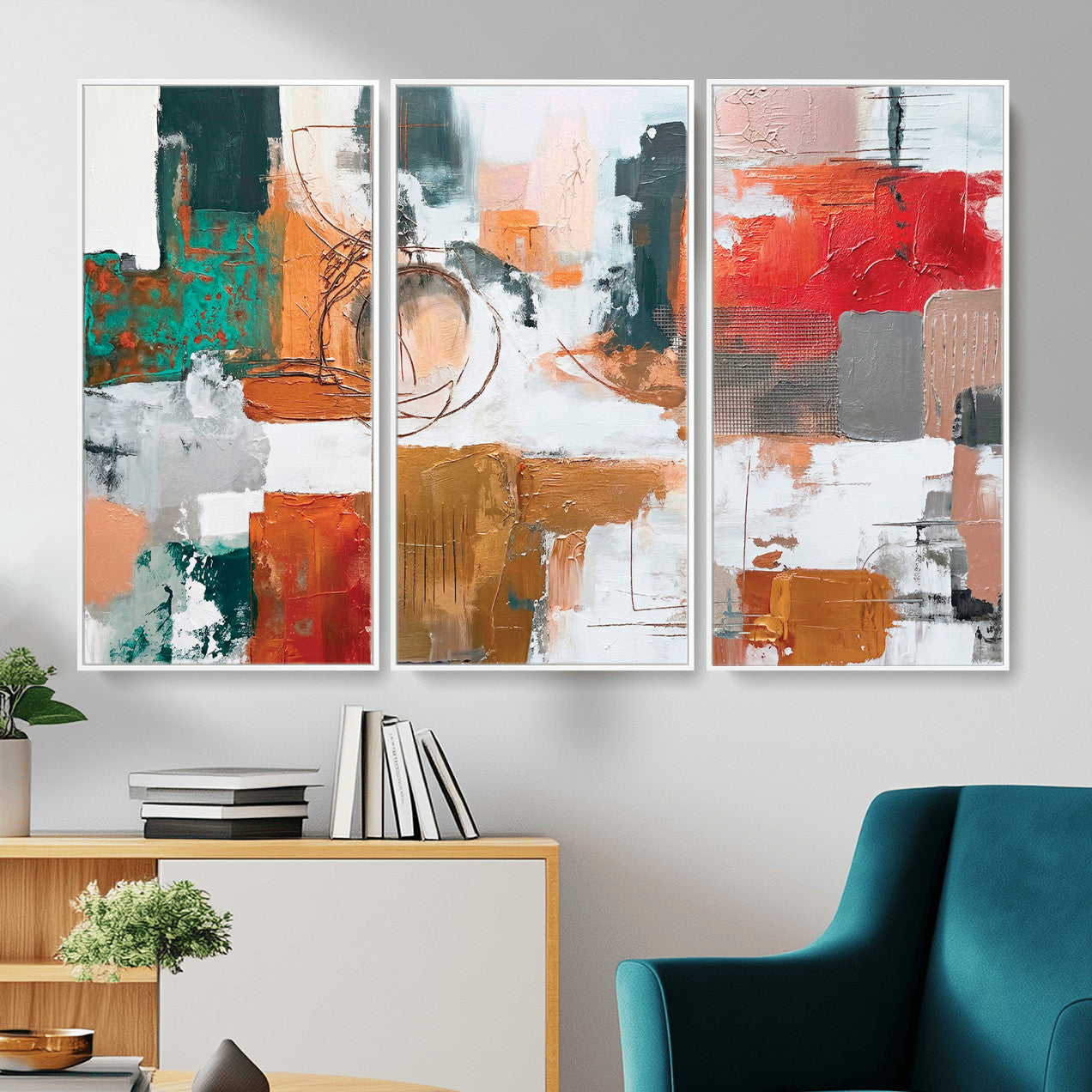 50720312-MGV-CV-36X24 - Blue Teal Abstract Canvas Wall Art | Modern Textured Painting Print, Navy Orange White Contemporary Art, Neutral Living Room Decor, Office Art.