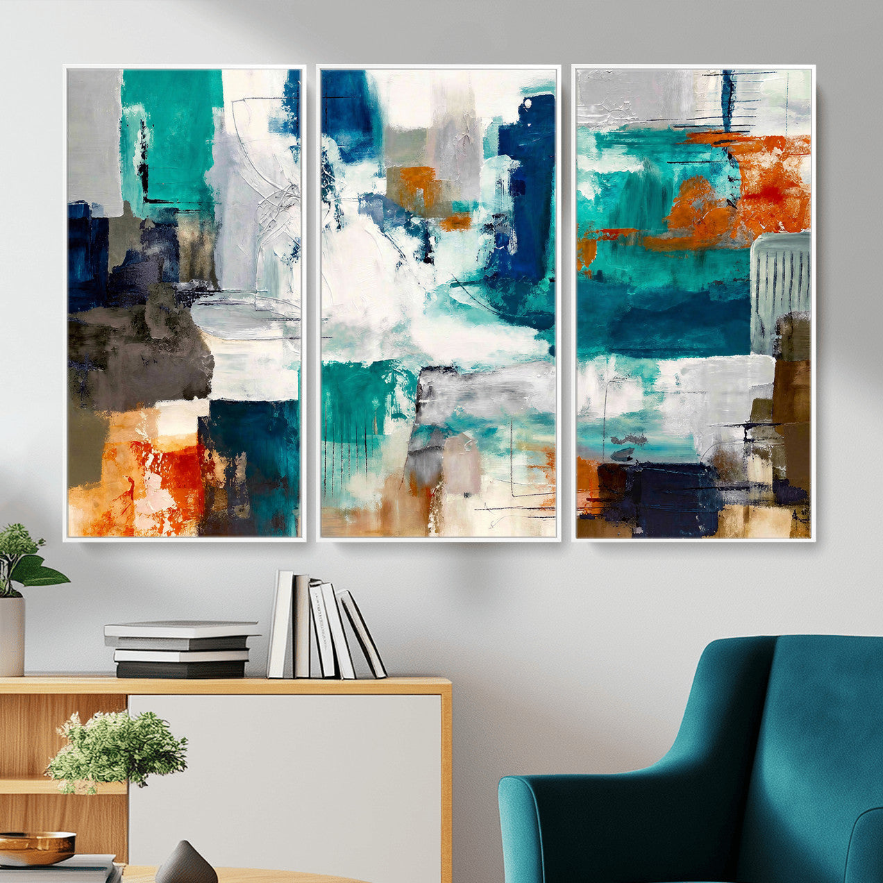 44038089-MGV-CV-36X24 - Blue Teal Abstract Canvas Wall Art, Modern Textured Painting Print, Navy Orange White Contemporary Art, Neutral Living Room Decor, Office Art