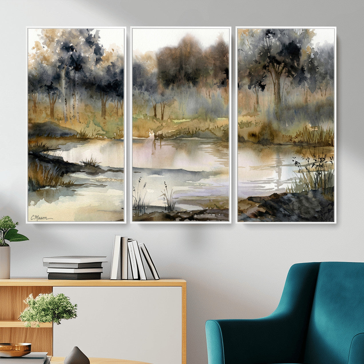 27383609-MGV-CV-36X24 - Abstract WatercolorAutumn Lake Canvas Wall Art Print, Misty Forest Landscape, Rustic Nature Painting, Cabin Wall Decor, Ready to Hang