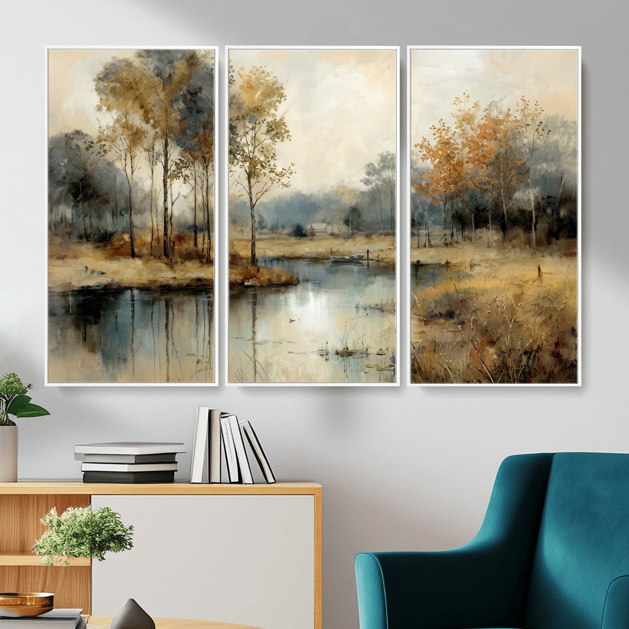 74391095-MGV-CV-36X24 - Abstract WatercolorAutumn Lake Canvas Wall Art Print, Misty Forest Landscape, Rustic Nature Painting, Cabin Wall Decor | Ready to Hang