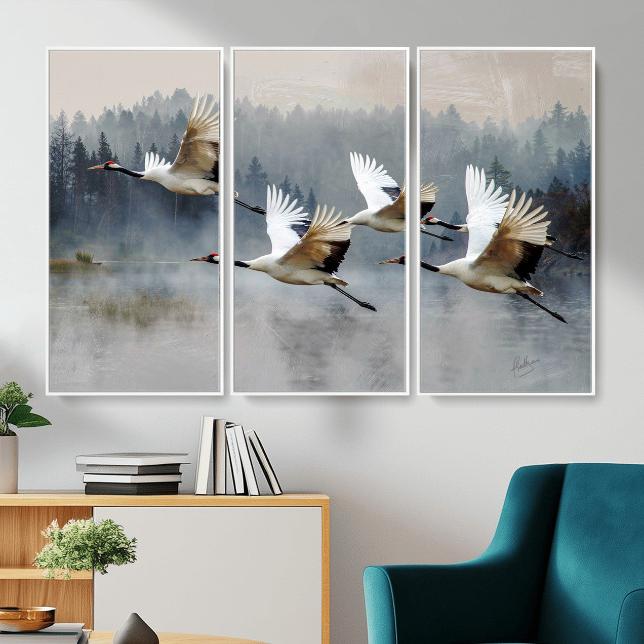 24356826-MGV-CV-36X24 - Flying Crane Canvas Wall Art Print, White Crane Bird Artwork, Wildlife Nature Decor, Lake Landscape Canvas, Ready to Hang