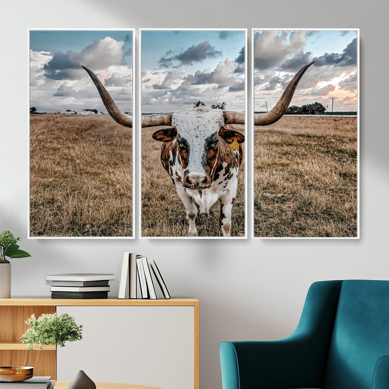17464823-MGV-CV-36X24 - Texas Longhorn Canvas Wall Art Print, Western Cow Photography, Rustic Ranch Decor, Farmhouse Wall Art, Ready to Hang