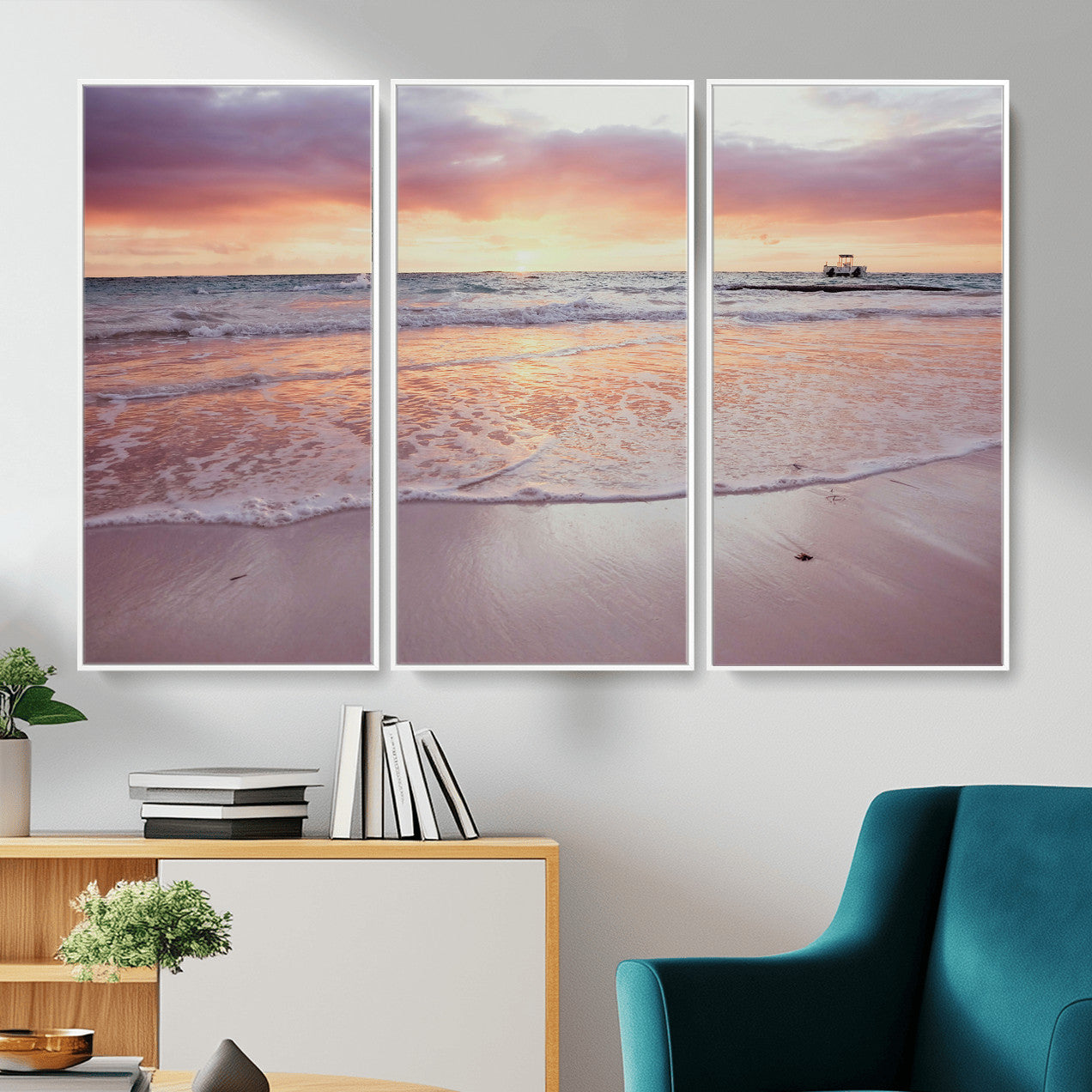 44765395-MGV-CV-36X24 - Beach Sunset Canvas Wall Art Print, Ocean Waves Landscape, Coastal Photography, Seascape Wall Decor, Ready to Hang