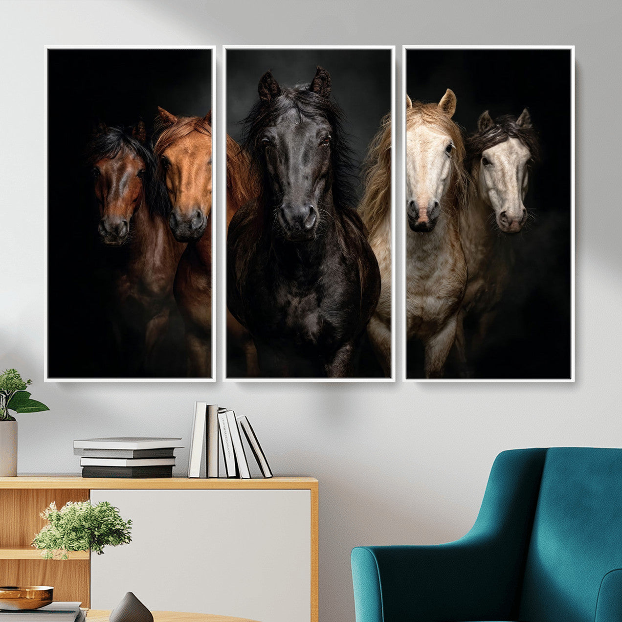 77696206-MGV-CV-36X24 - Horse Wall Art Canvas Print, Wild Horses Portrait Photography, Animal Horse Decor, Black Brown White Horse Herd, Rustic Ranch Art