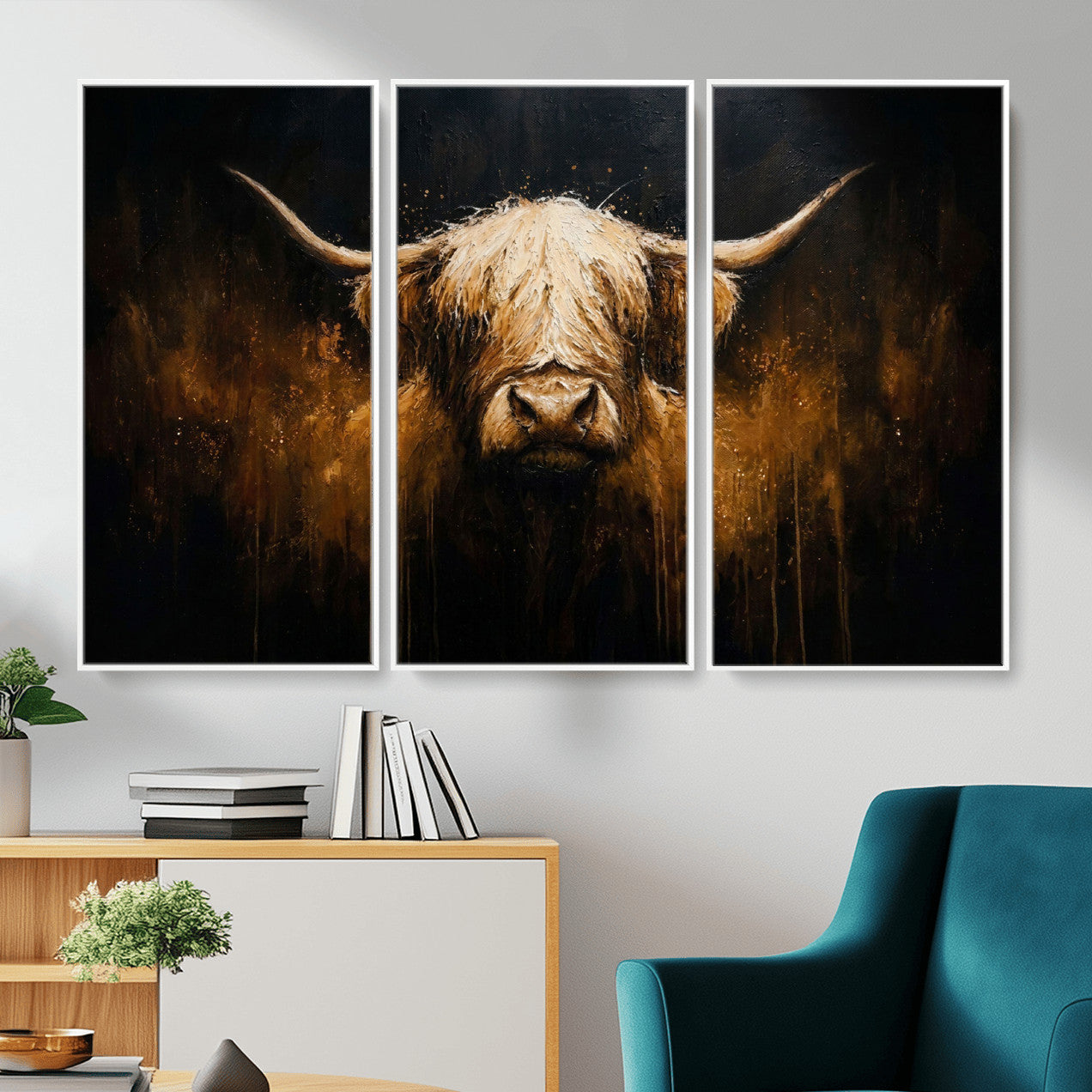 79873059-MGV-CV-36X24 - Rustic Highland Cow Canvas Print Dark Farmhouse Cattle Wall Decor