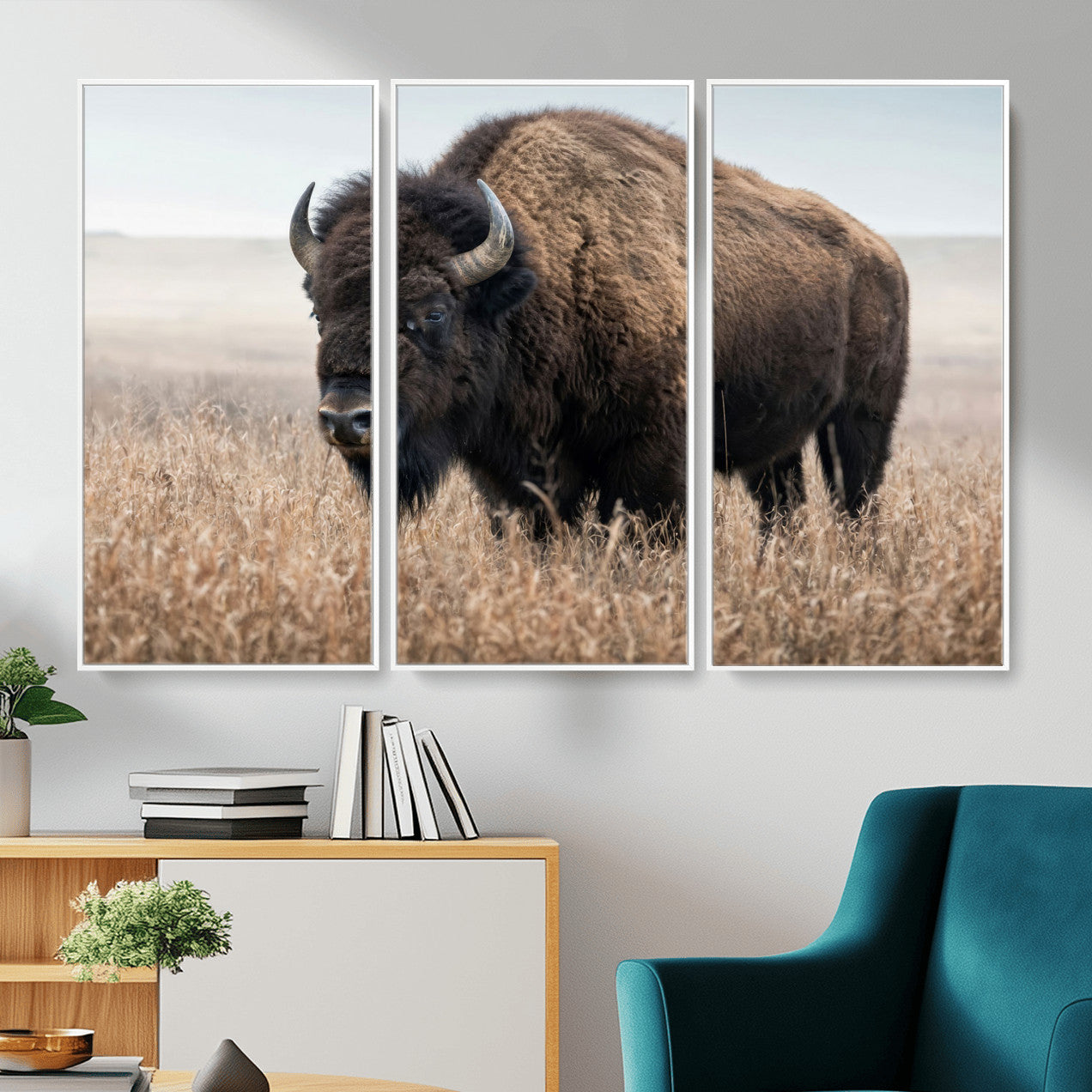 81029583-MGV-CV-36X24 - American Bison in Prairie Field Wall Art Canvas Print - Rustic Wildlife Photography