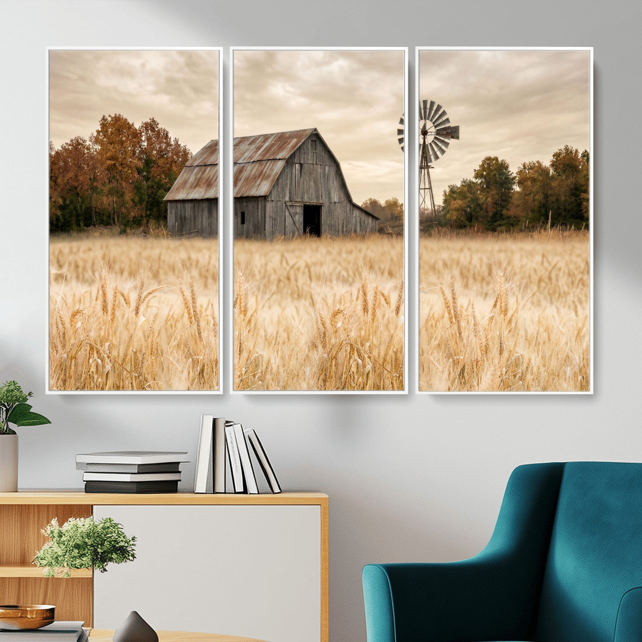 99640659-MGV-CV-36X24 - Rustic Farmhouse Barn and Windmill Wall Art Canvas Print, Country Landscape Photography Print