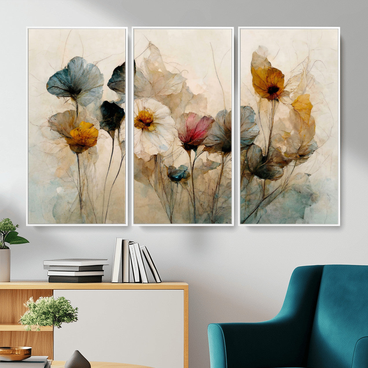 86802229-MGV-CV-36X24 - Vintage Dried Floral Meadow Wall Art Canvas Print, Translucent Watercolor Flowers Painting Print