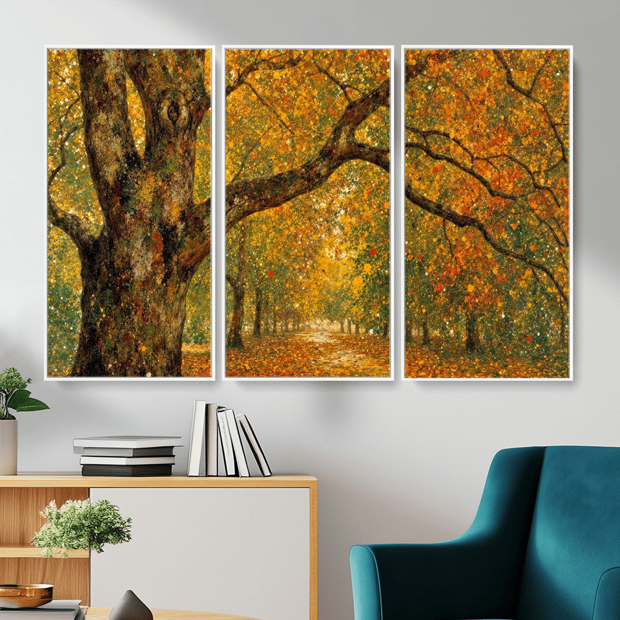 11536138-MGV-CV-36X24 - Vintage Autumn Forest Path Wall Art Canvas Print, Golden Leaves Impressionist Painting Print