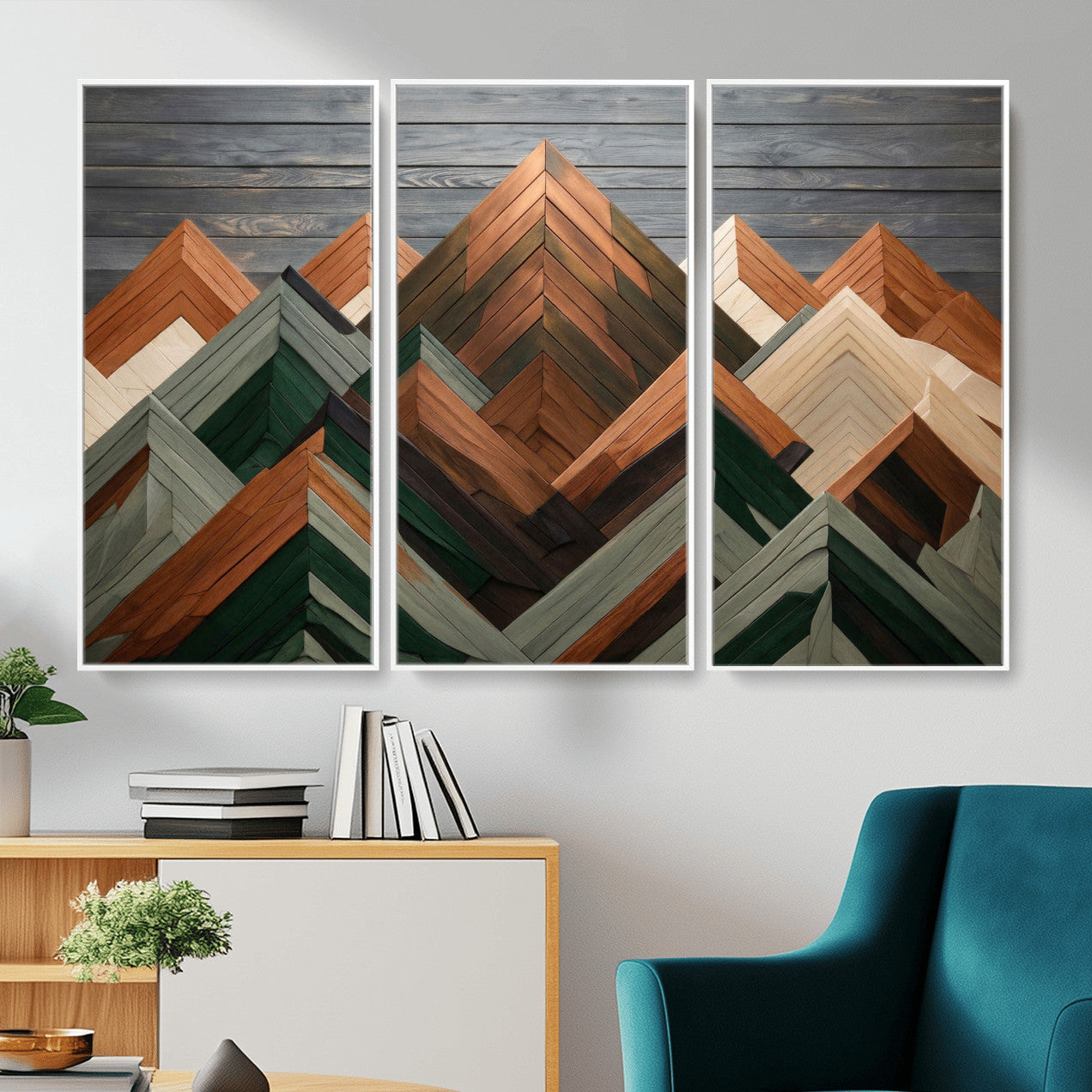 84617347-MGV-CV-36X24 - Geometric Wood Mountain Wall Art Canvas Print, 3D Look Rustic Mosaic Landscape Print