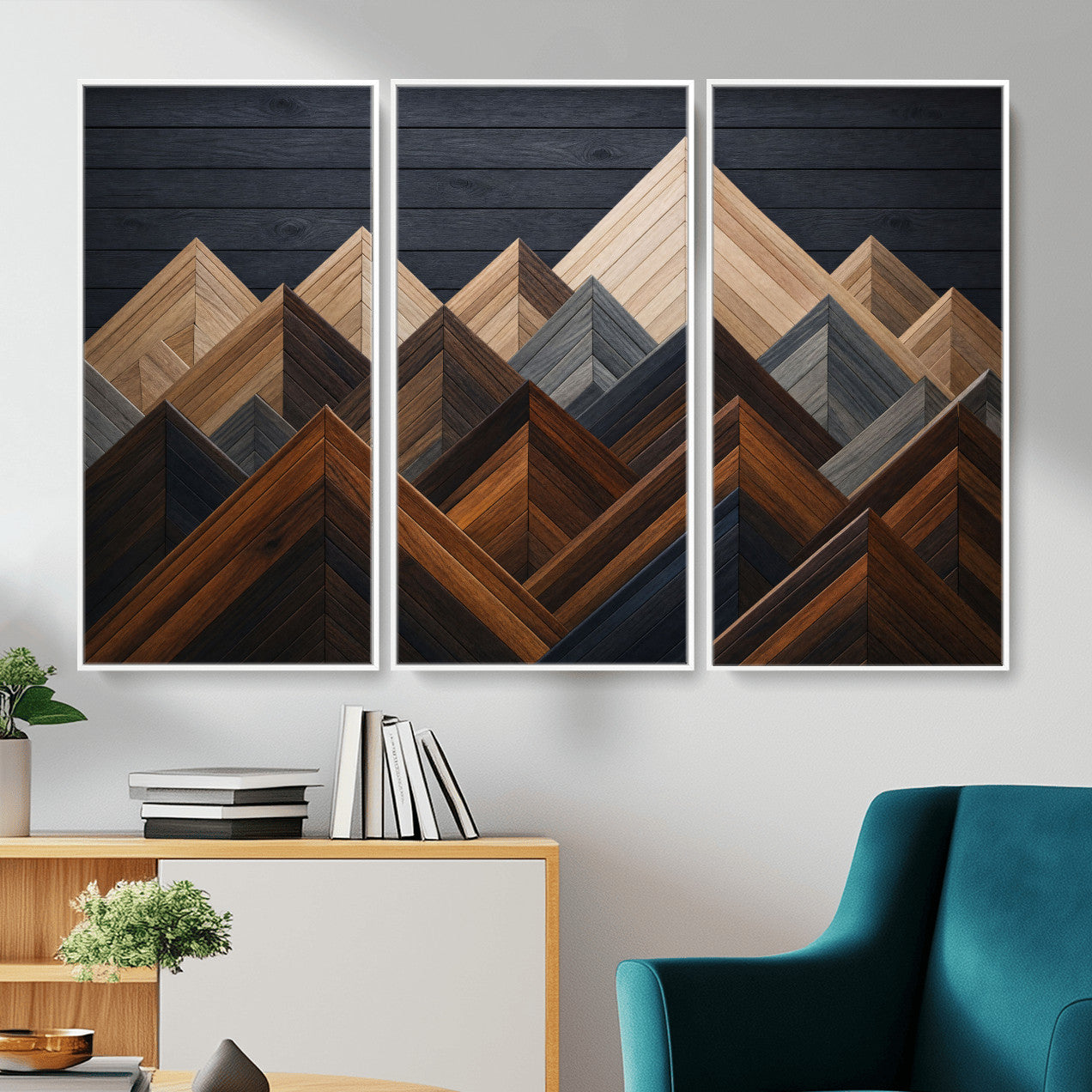 70531117-MGV-CV-36X24 - Geometric Wood Mountain Wall Art Canvas Print, 3D Look Rustic Mosaic Landscape Print