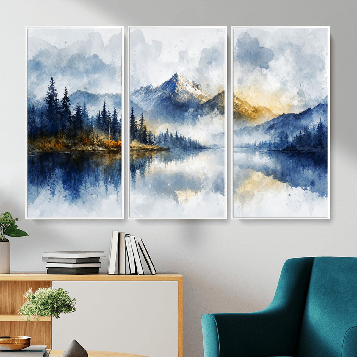 62076449DG-MGV-CV-36X24 - Abstract Watercolor Mountain Lake Wall Art Print for Living Room Decor