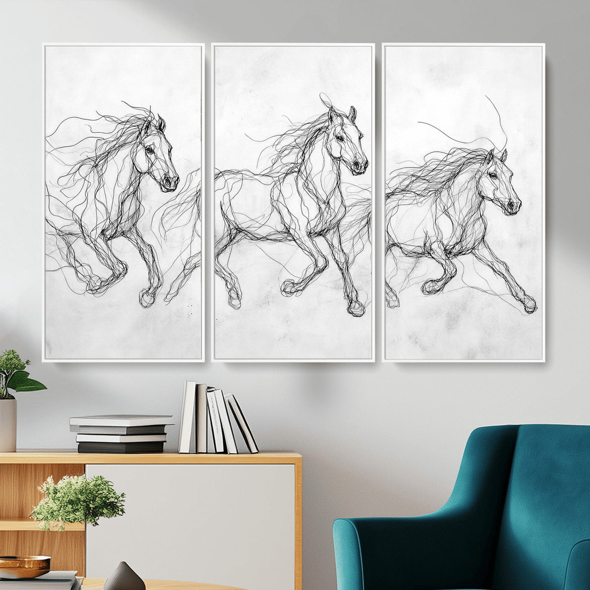 53600119-MGV-CV-36X24 - Monochrome Horse Canvas Wall Art, Black Ink Sketch Wild Horses Print, Minimalist Equestrian Artwork, Modern Abstract Line Decor, Urban Loft Gift