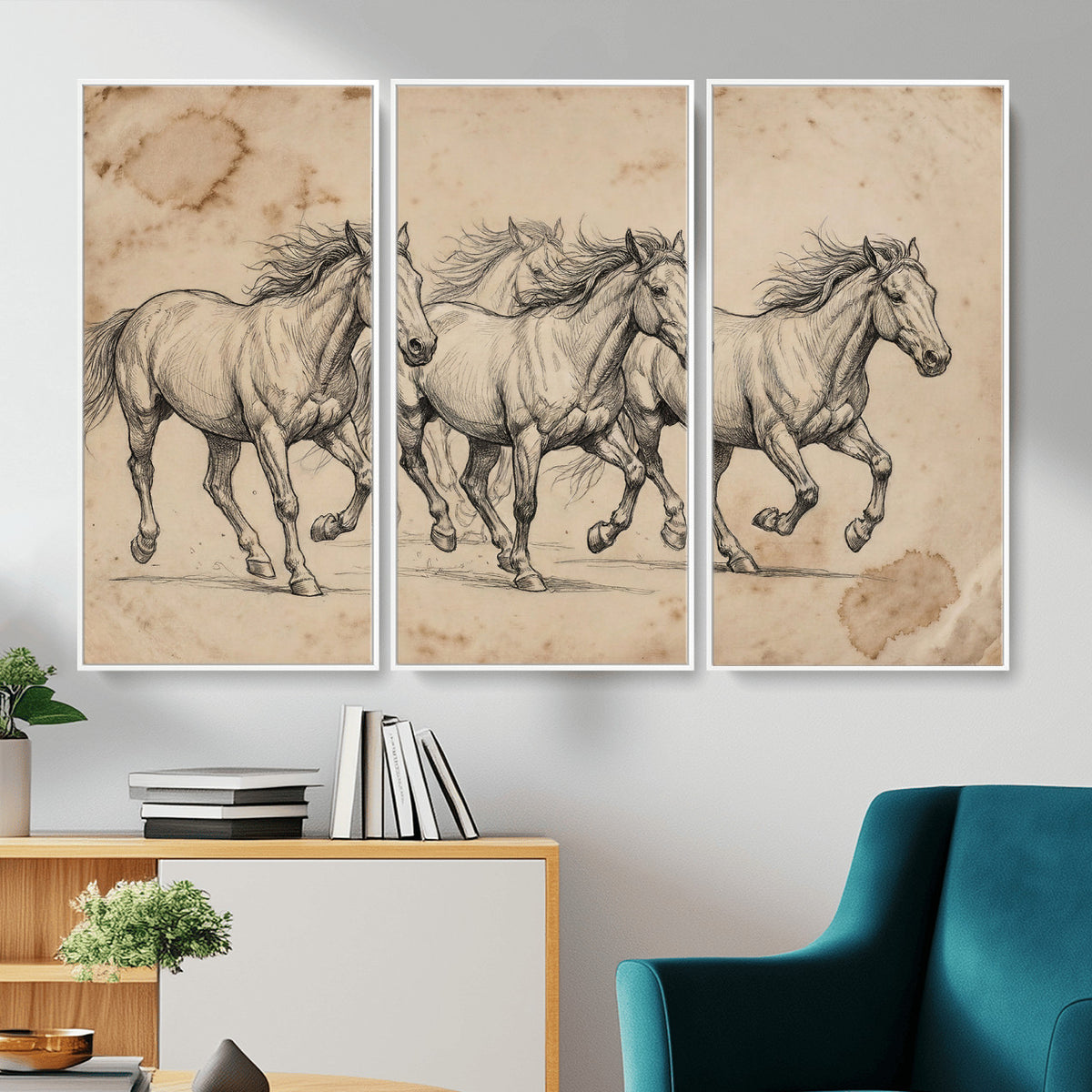 56046981-MGV-CV-36X24 - Sepia Wild Horses Canvas Art, Antique Pencil Drawing Print, Vintage Gallery Wall Decor, Rustic Equestrian Artwork, Traditional Den Gift