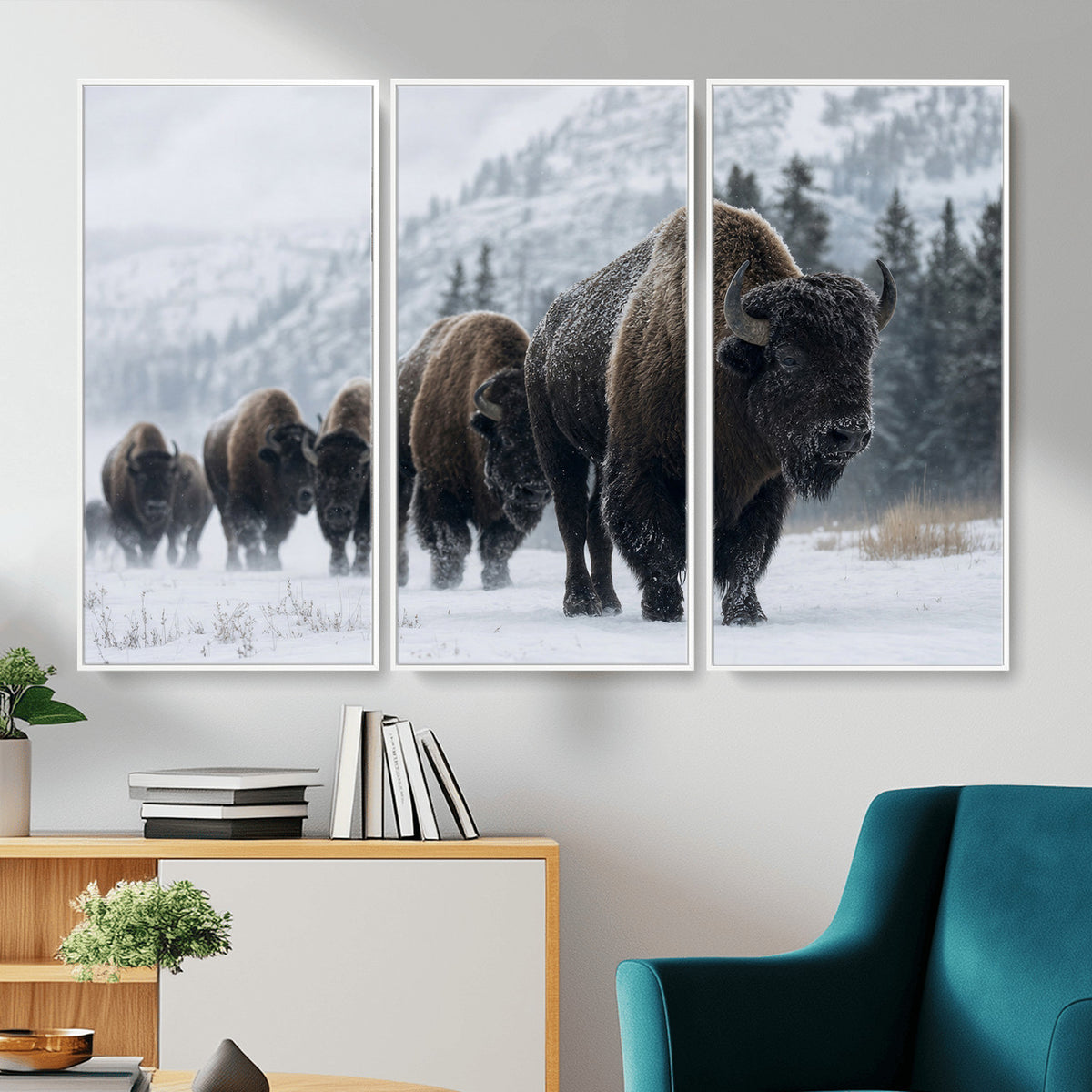 18343289-MGV-CV-36X24 - Rustic Bison Wall Art, American Buffalo Photo Print, Wildlife Canvas Artwork, Snowy Mountain Decor, Large Nature Poster, Cabin Gift Idea