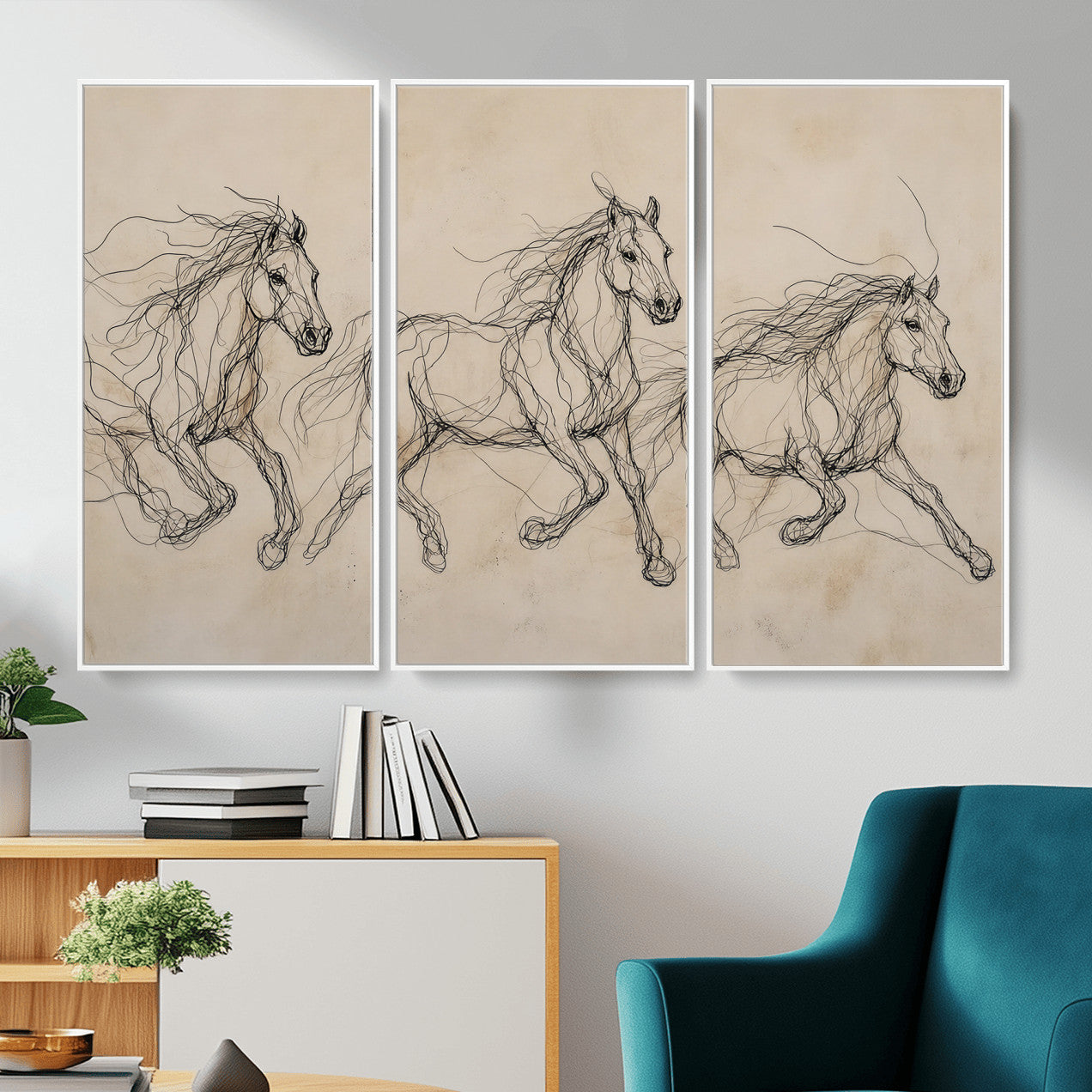 81051673-MGV-CV-36X24 - Abstract Horse Line Art Canvas, Gesture Sketch Wild Horses Print, Modern Scribble Artwork, Minimalist Equine Wall Decor, Rustic Studio Gift