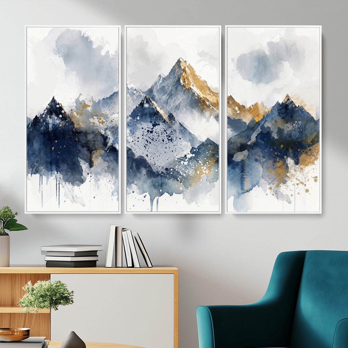 87460616-MGV-CV-36X24 - Abstract Mountain Canvas Wall Art, Blue Gold Foil Landscape Print, Modern Indigo Watercolor Poster, Large Abstract Nature, Luxury Office Gift