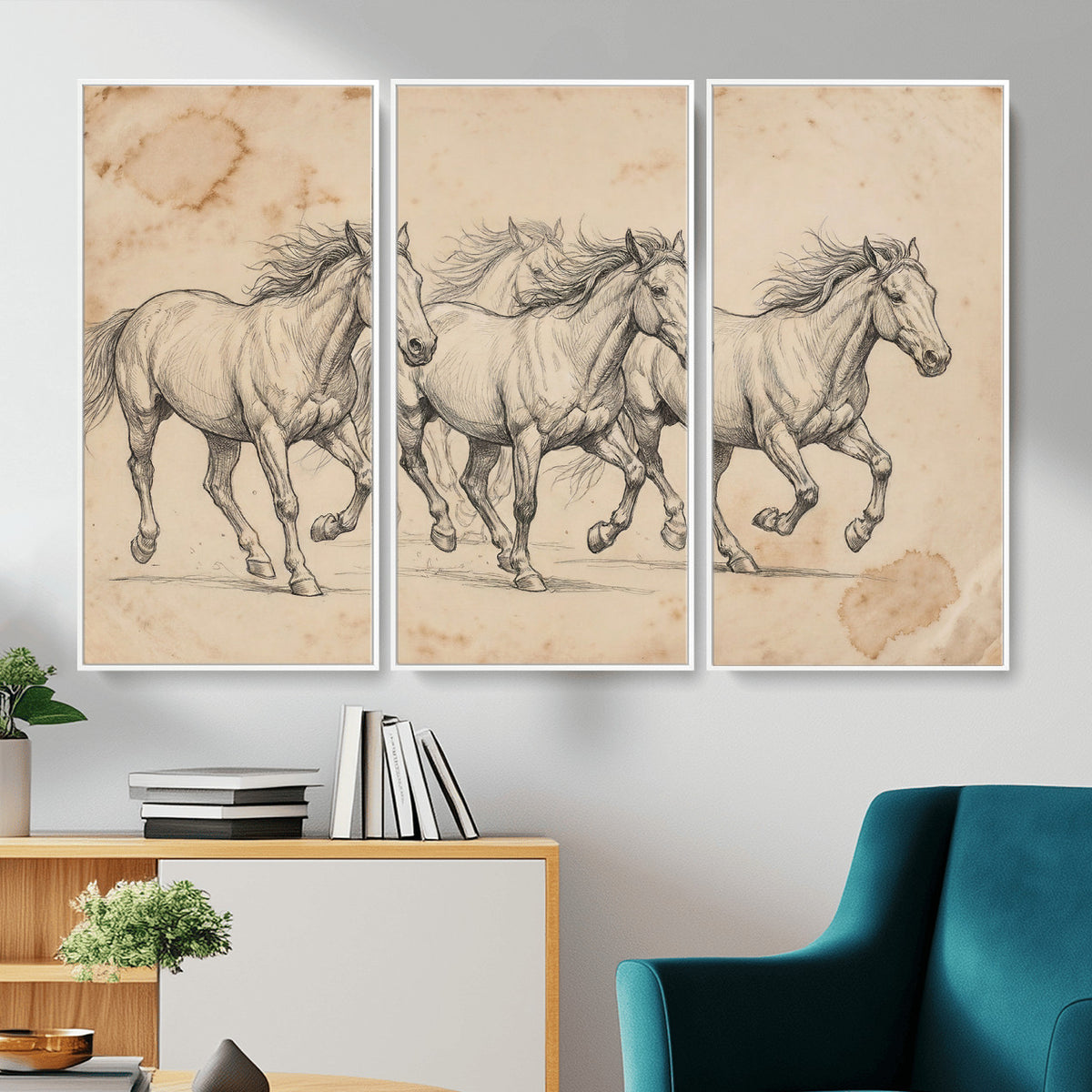 16644391-MGV-CV-36X24 - Vintage Horse Sketch Canvas Wall Art, Wild Horses Pencil Drawing Print, Antique Parchment Western Decor, Equine Sketching, Country Manor Gift