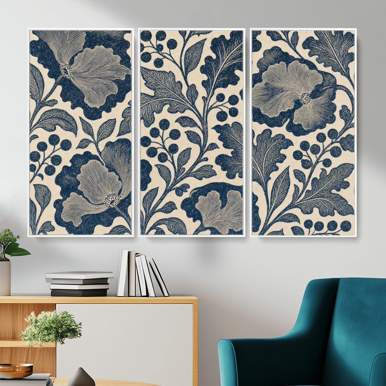 23824002-MGV-CV-36X24 - William Morris Style Navy Blue Floral Wall Art Canvas Print, Vintage Cream Botanical Painting Print