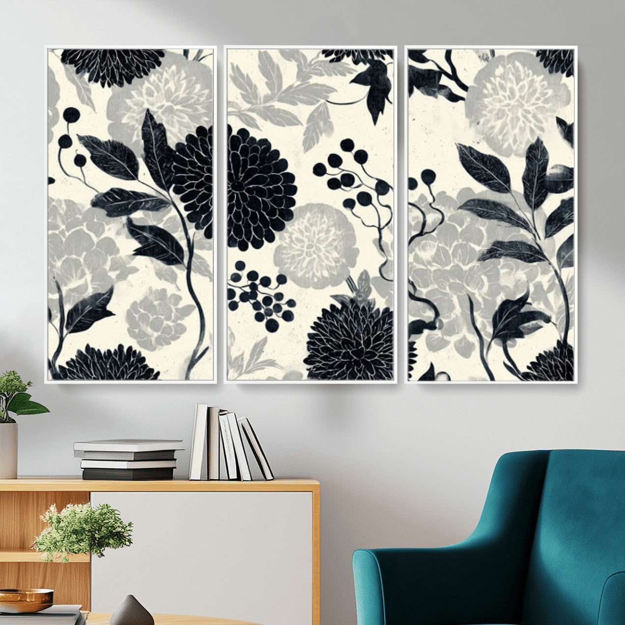 61524791-MGV-CV-36X24 - Vintage Black Chrysanthemum Wall Art Canvas Print, Monochrome Dhalia Floral Painting Print