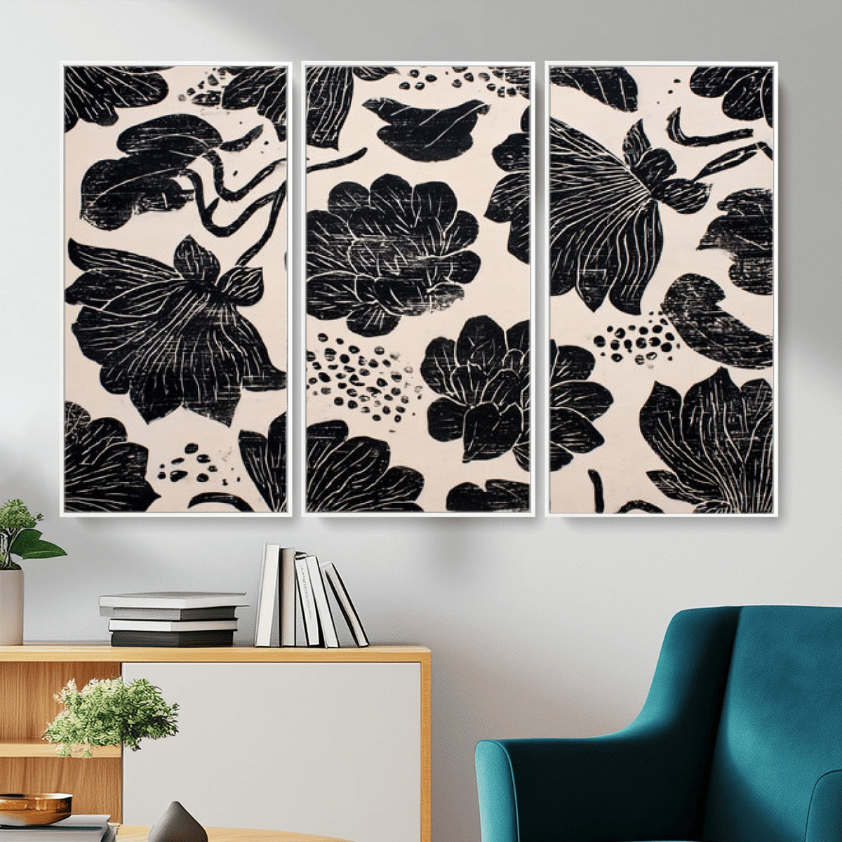 81787117-MGV-CV-36X24 - Linocut Black Lotus Floral Wall Art Canvas Print, Vintage Monochrome Botanical Painting Print