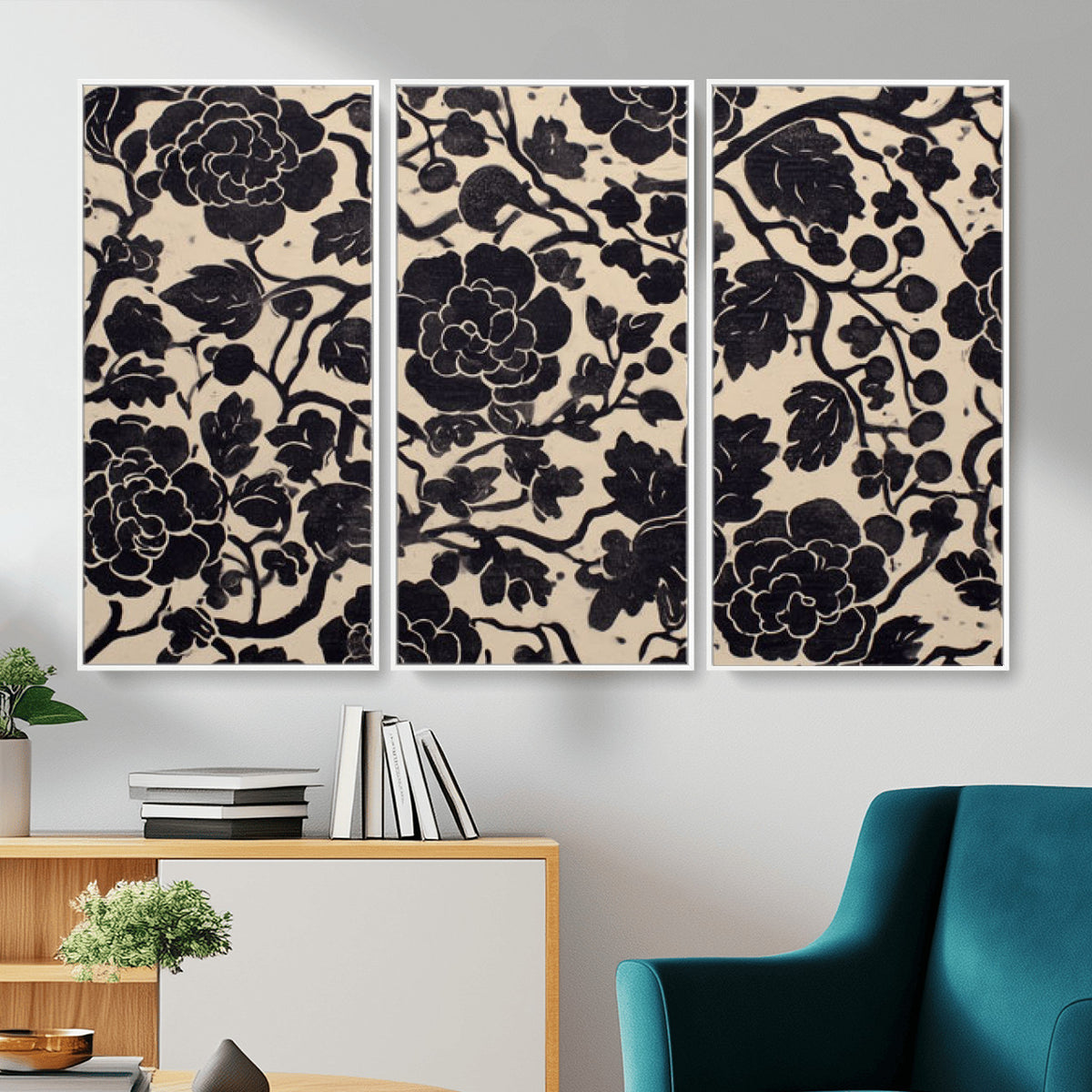 86696255-MGV-CV-36X24 - Vintage Black and Cream Floral Wall Art Canvas Print, Chinoiserie Botanical Painting Print
