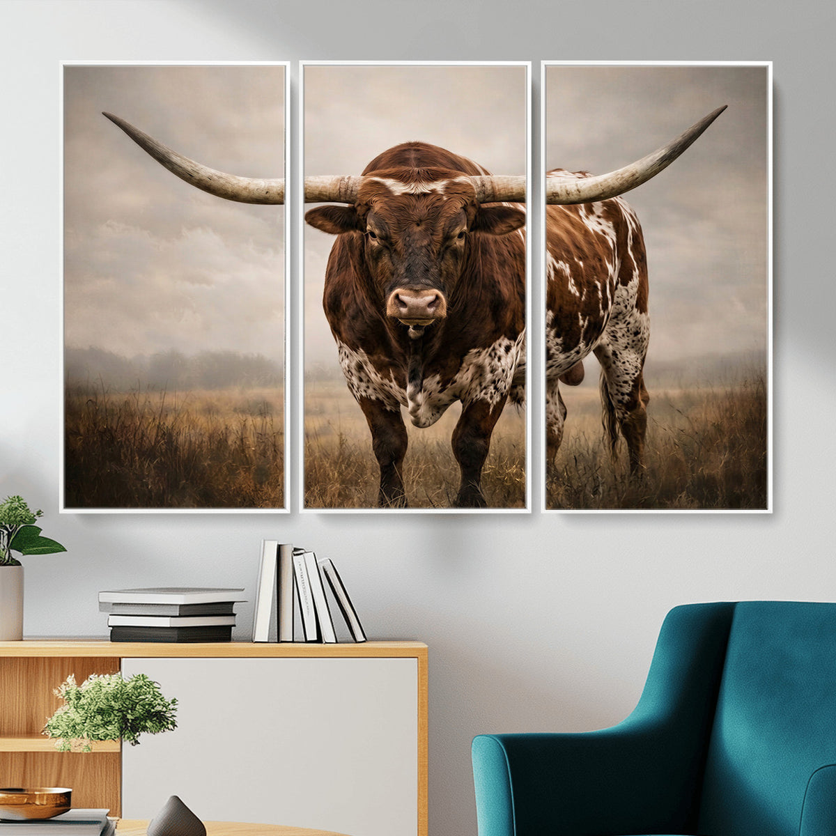 25239047A-MGV-CV-36X24 - Texas Longhorn Canvas Wall Art Western Bull Desert Moody Grey Overcast Rustic Farmhouse Framed Large for Living Room Bedroom Office Decor
