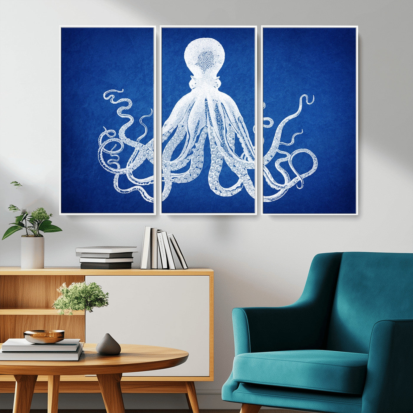 67315-MGV-CV-36X24-Large 3-Panel Blue Octopus Canvas Wall Art | Coastal Marine Life Artwork for Living Room, Bedroom,