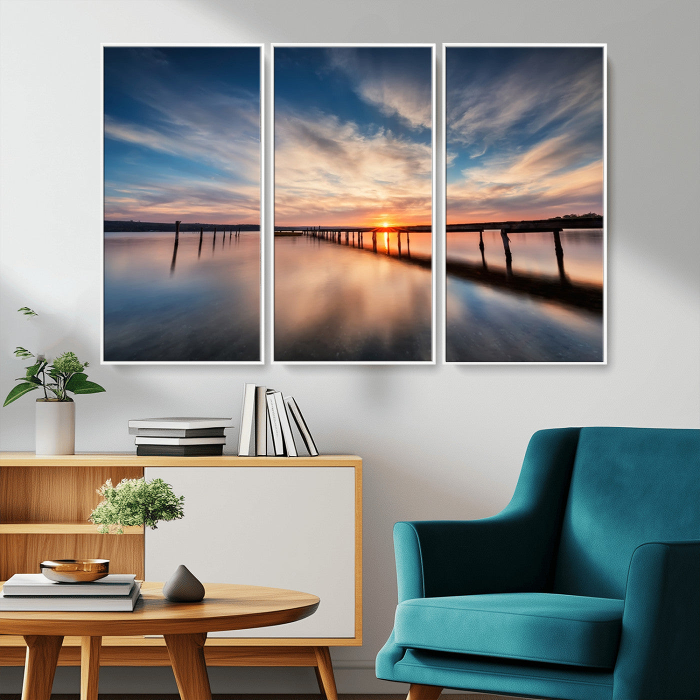 39967-MGV-CV-36X24-Wooden Pier on Seascape and Sunset Wall Art Canvas Print