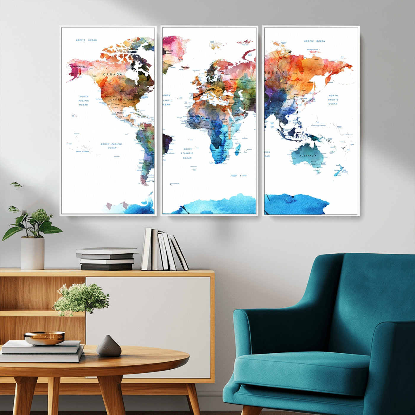 11576-MGV-CV-36X24-Vibrant Watercolor World Map Canvas Wall Art – Framed Push Pin Travel Map for Home and Office Decor, Modern Colorful Wall Artwork
