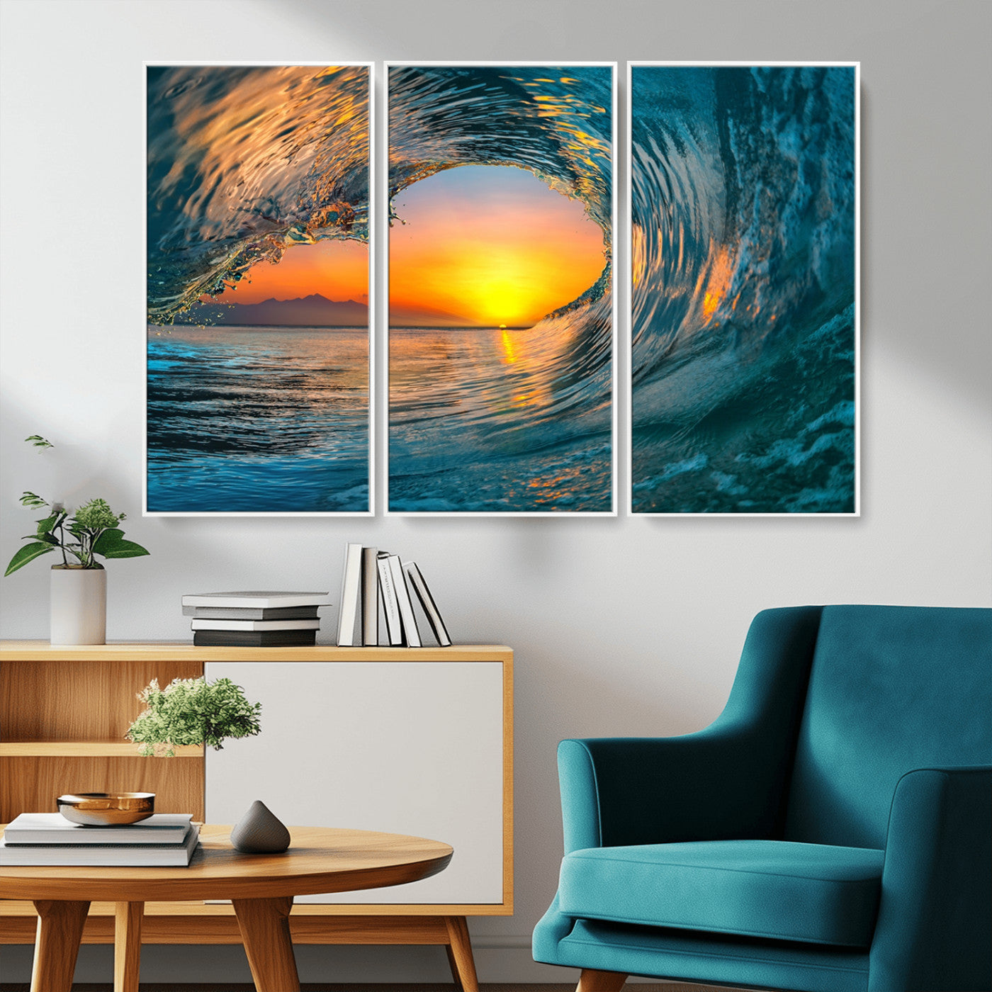 -Ocean Wave Sunset Wall Art | Large Coastal Wave Canvas Print | 3-Panel Ocean Sunset Seascape for