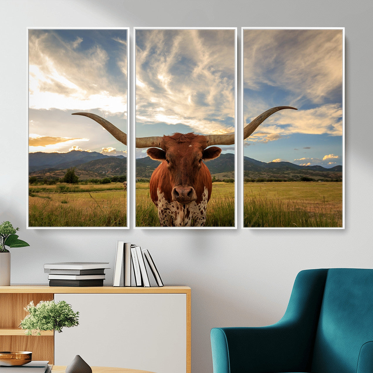 55416-MGV-CV-36X24 - Texas Longhorn Canvas Wall Art – Majestic Triptych Animal Print – Rustic Western Decor for Living Room