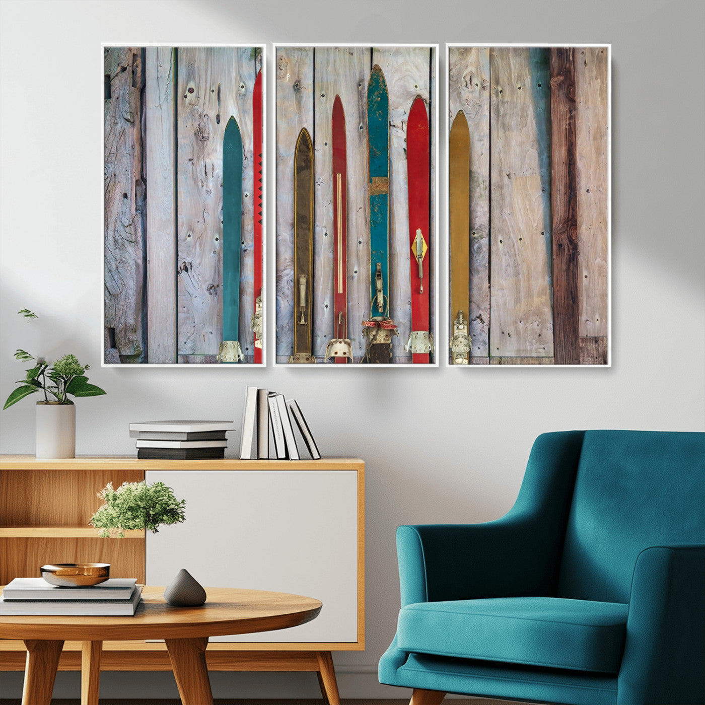 -Vintage Wooden Weathered Ski's in Front of an Old Barn Wall Art Canvas Print for Farmhouse, Cabin