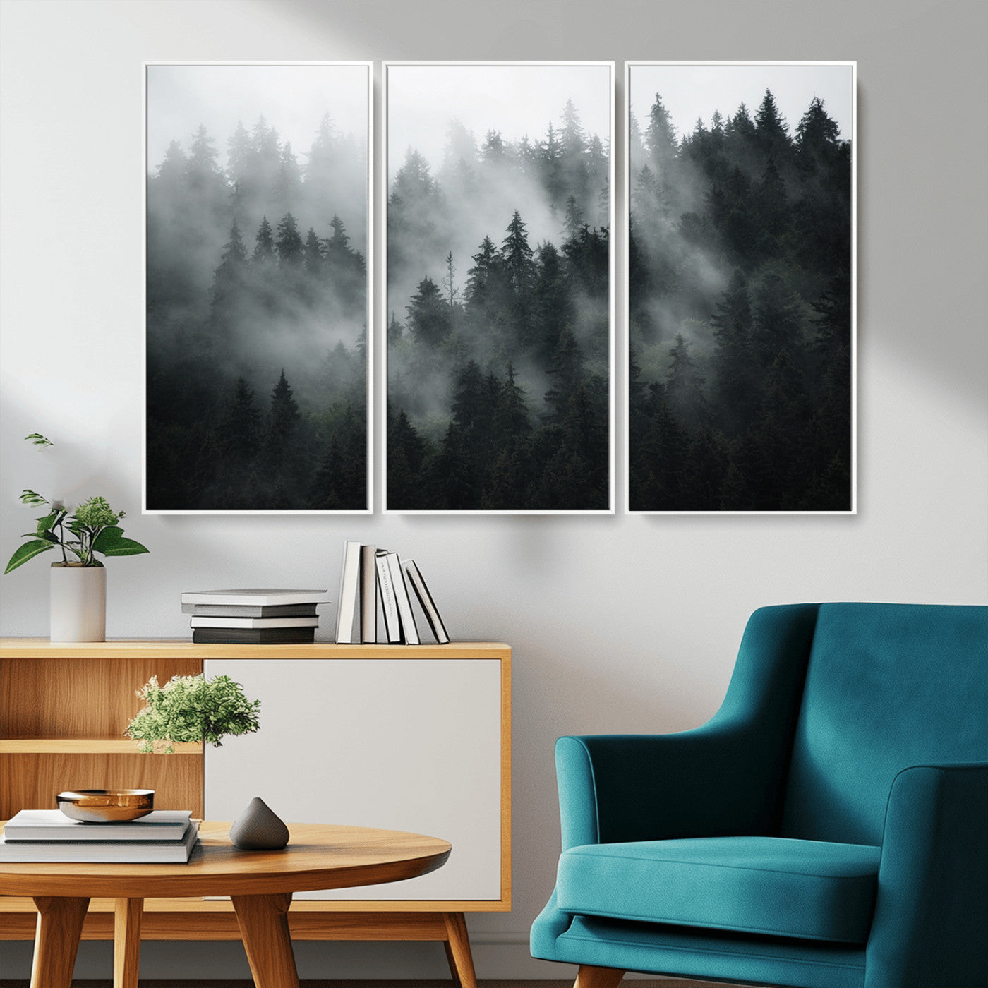 52359-MGV-CV-36X24-Foggy Forest Wall Art Canvas Print | 3 Panel Large Misty Landscape for Dining Room, Office, or
