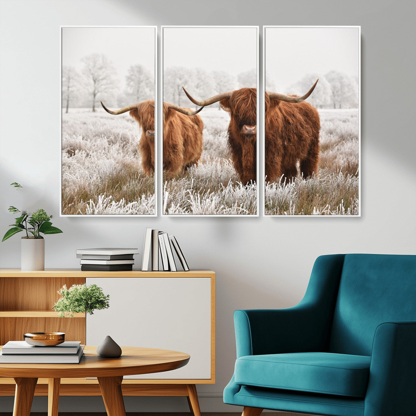 -Longhorn Cattle Wall Art Canvas Print, Framed Farmhouse Style Art Picture Print, Rustic Cow Perfect Rustic Farmhouse Decor Artwork